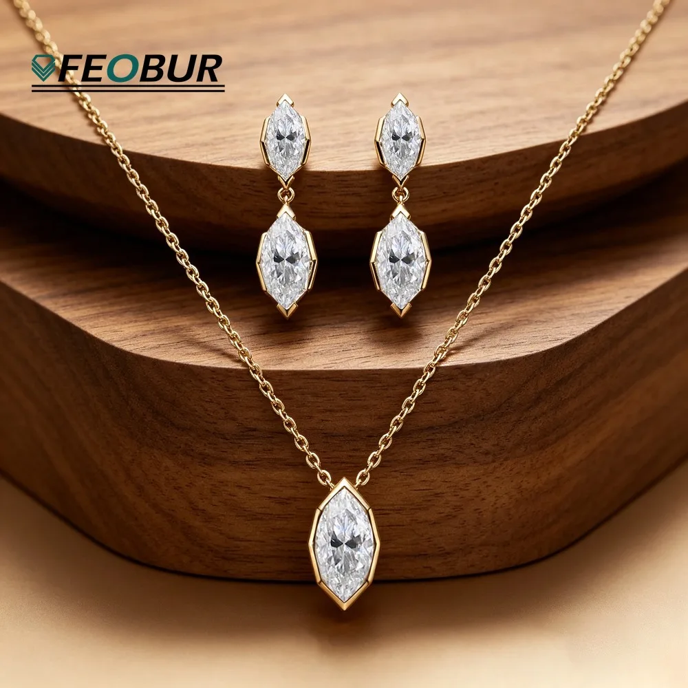 6Cttw 2-Stone Marquise Cut Moissanite Drop Earrings  for Women 925 Sterling Silver Diamond Ear Studs Necklace Jewelry Set Gift
