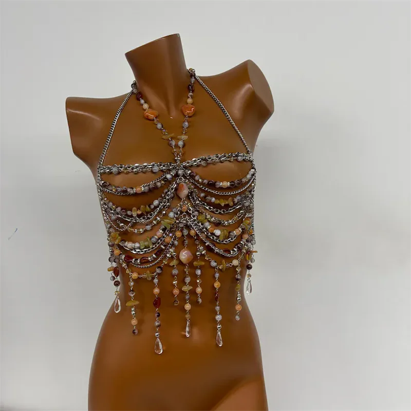 Handgefertigtes Perlen-Bodychain-Bralette für Damen, Neckholder, Naturstein, mehrlagiges Harness-Crop-Top, sexy Quasten-Bustier für Strand und Festival – Detail 1