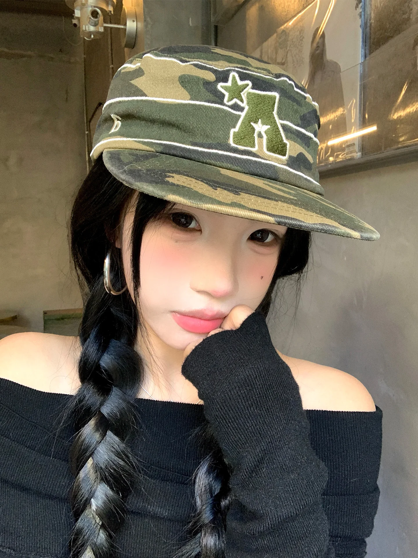 American Camouflage Letter Embroidery Flat Cap Baseball Cap Women's Street Hip Hop Fashion Versatile Face Slimming Duckbill Hat