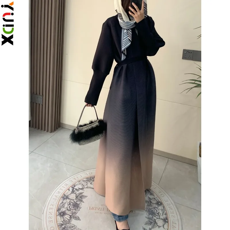 

YUDX Miyake Pleated Polo Collar Cardigan Robe Original Designer Gradient Color Waist Tie Robe Women's Extended Dress 2024 New