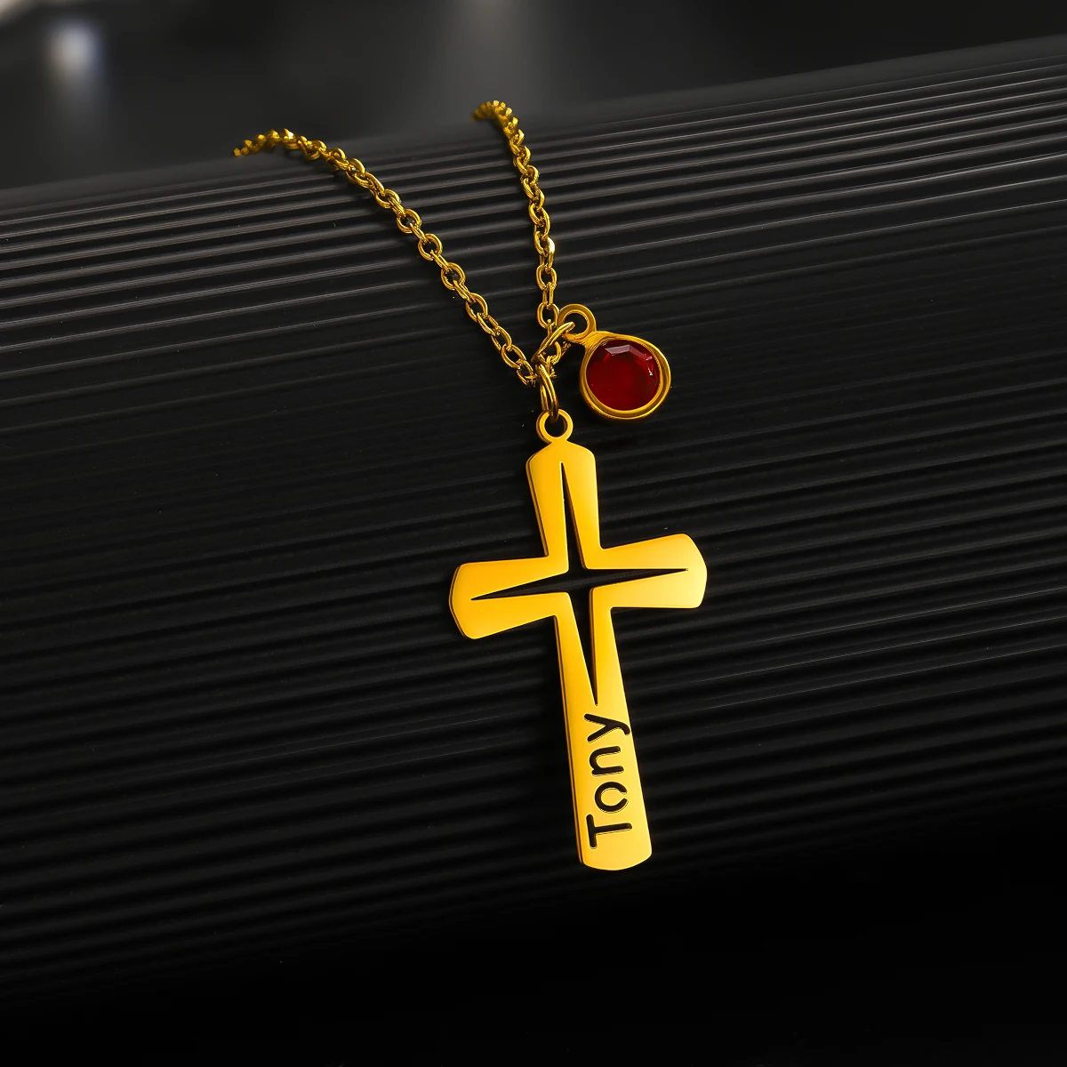 QIAMNI Hip Hop Custom Name Cross Chain Necklace Stainless Steel Chic Nameplate Birthstone Pendant Christian Choker Jewelry Gifts