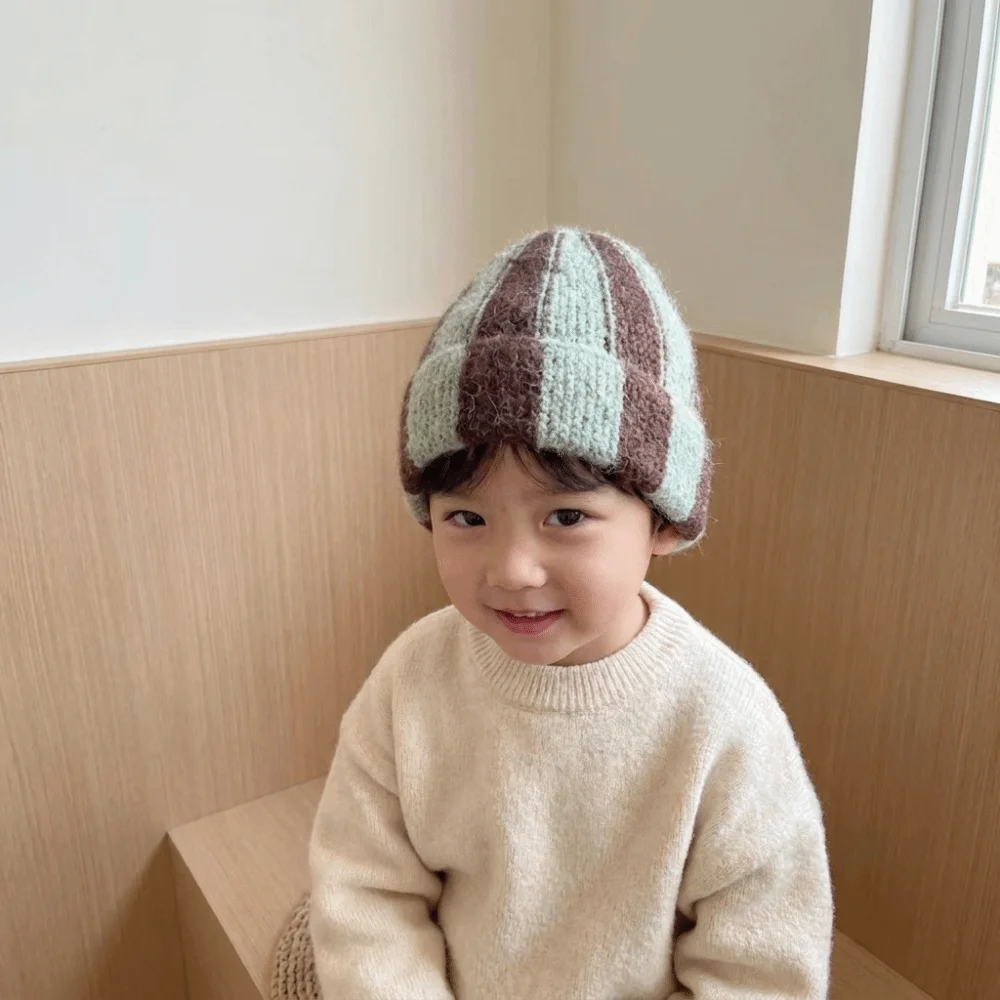 Lovely Patchwork Striped Beanie Hat Color Blocked Thick Knitted Cap Watermelon Hat Soft Children Warm Hat