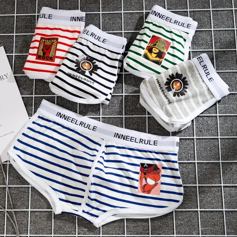 Men’s Underwear Pure Cotton Boxer Briefs Sports Breathable Low Waist Summer Striped Personality Boxer Briefs For boys