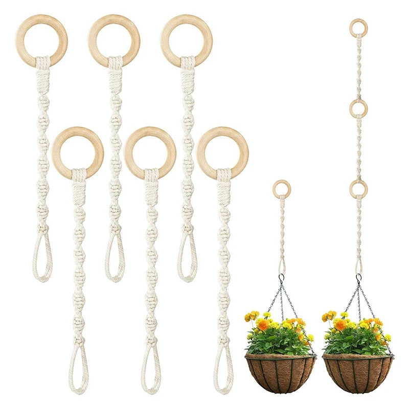 BMBY-6-Pack Plant Hanging Extender Wood Ring Hand Woven Flower Pot Rope Hanging Cotton Rope Garden Flower Pot