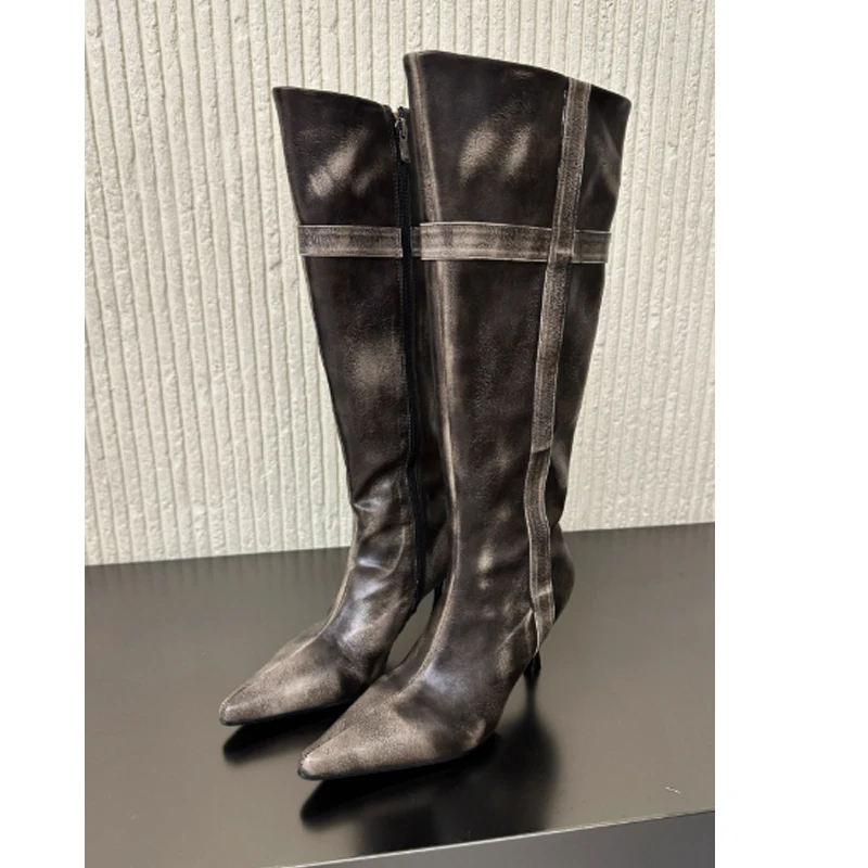 

Black Vintage Distressed Pointed Toe Stiletto Knee High Boots Woman Winter 2026 Side Zipper High Heel Long Boots Fashion Shoes