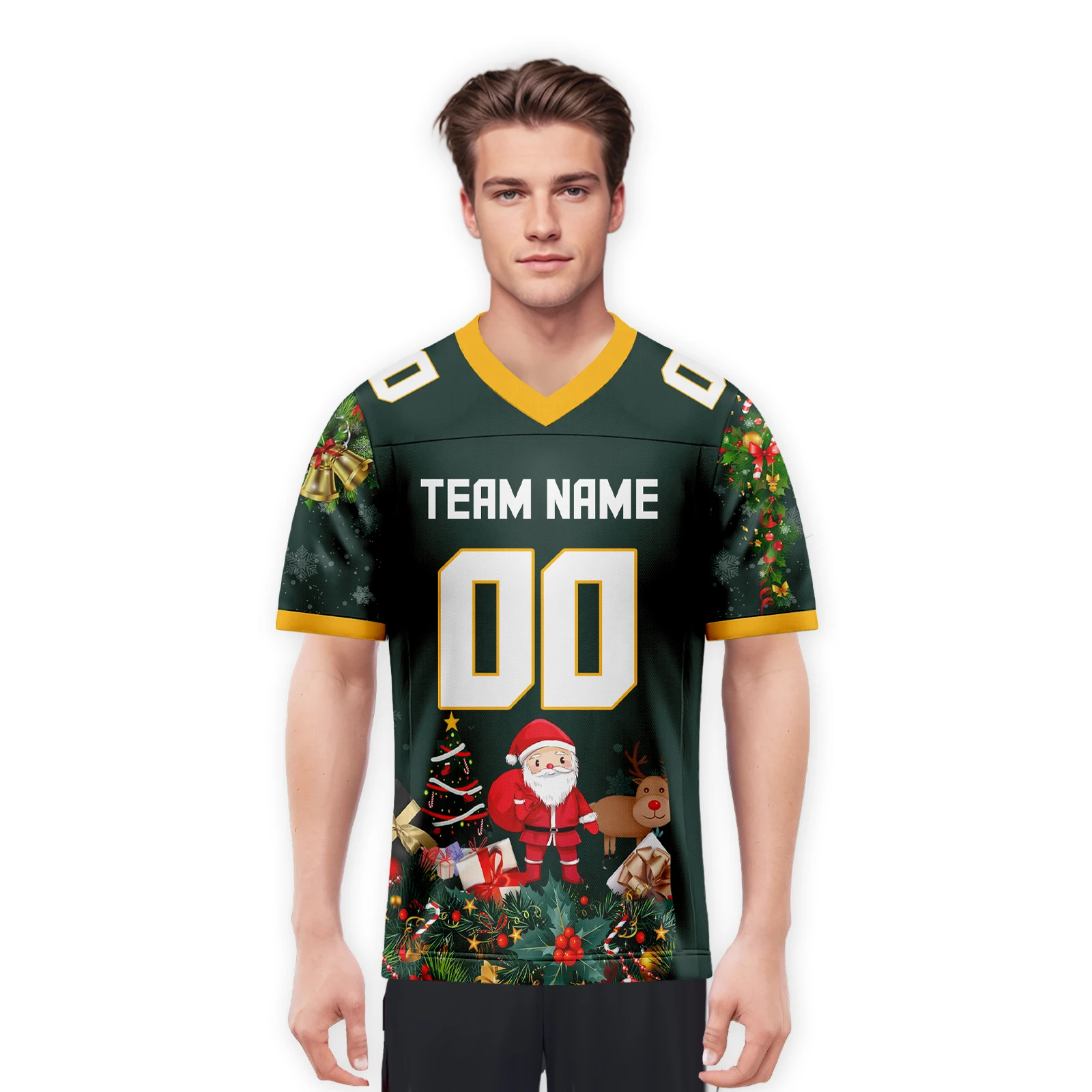 Green Christmas American Football Uniform Custom Team Name Number Football Shirt Festive Gift for Men Women Youth Kids Fans