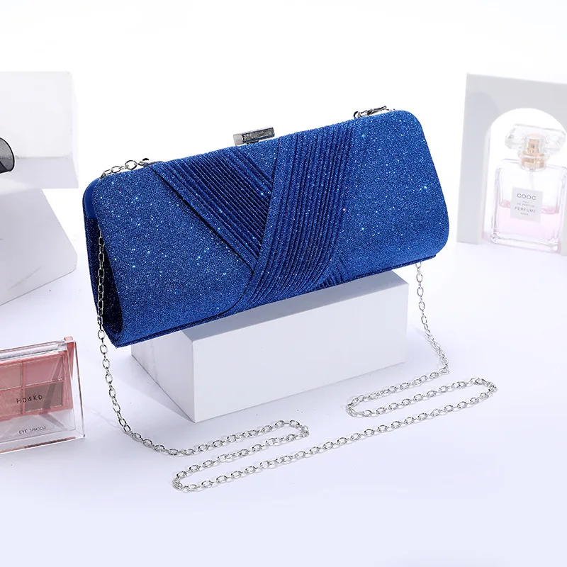 Royal Blue Evening Handbag for Women Elegant  Red Formal Dress Sequined Bride's Clutch Long Chain Prom Pleated Square Purse