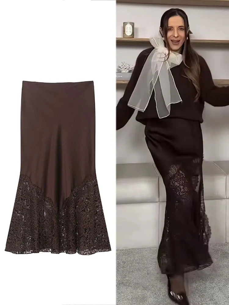 HH Women Fashion Brown Lace Hem Slit Skirt Side Zipper High Waist Slim Midi Skirts Lady Party Evening Club Straight Skirts