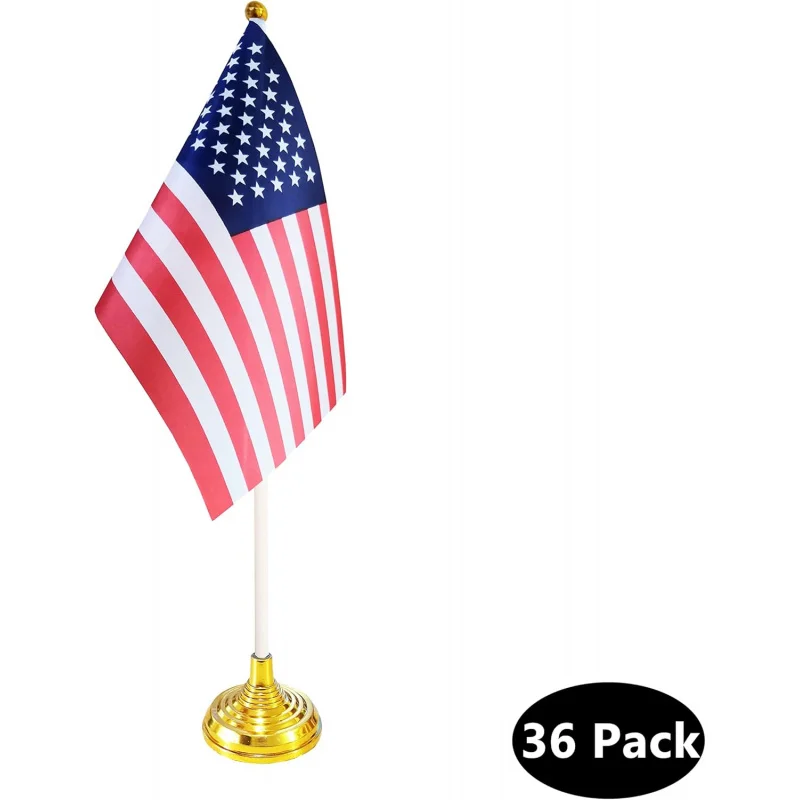 36 US Desk Flags,Small Deluxe Table Flags Set with Stand Base，8.2 x 5.5 inches Miniature Desktop Flag