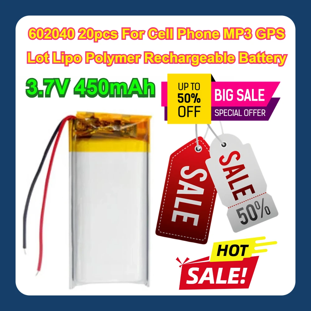 602040 3.7V 450mAh 20pcs For Cell Phone MP3 GPS Lot Lipo Polymer Rechargeable Battery