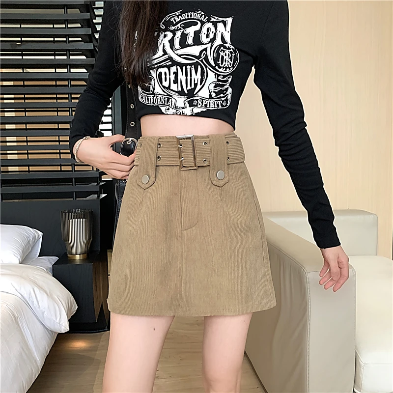 Belted Mini Corduroy Skirt with Matching Belt High Waist A-line Short Skirt Winter Women Teenage Girl Fall Y2K Outfit