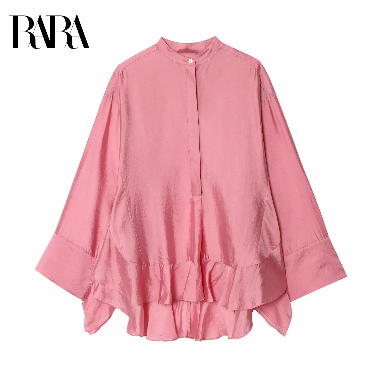 

RARA2025 Womens Summer New Style Layered Ruffle Hem Casual Elegant Stand Collar Long Sleeve Shirt Top