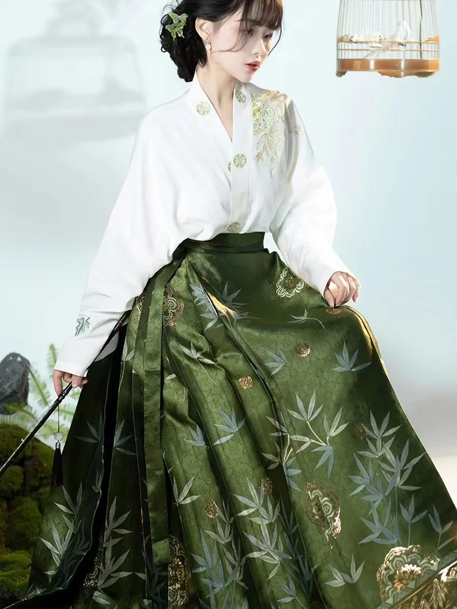 Original Saia Hanfu Traje Estilo Chinês Mamianqun Ming Dinastia Tecelagem Ouro Cavalo Face Saia Vestido Chinês