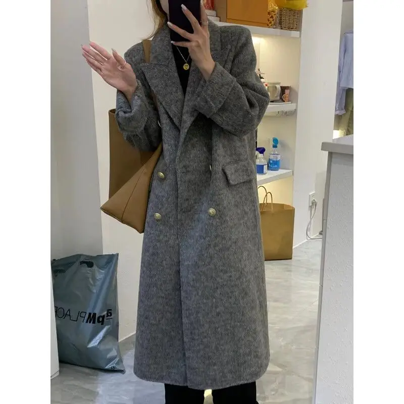 Grey Suit Collar Woolen Coat for Women\'s Autumn and Winter New High-end Fashion Knee Length Thickened Woolen Coat  Wool Coat