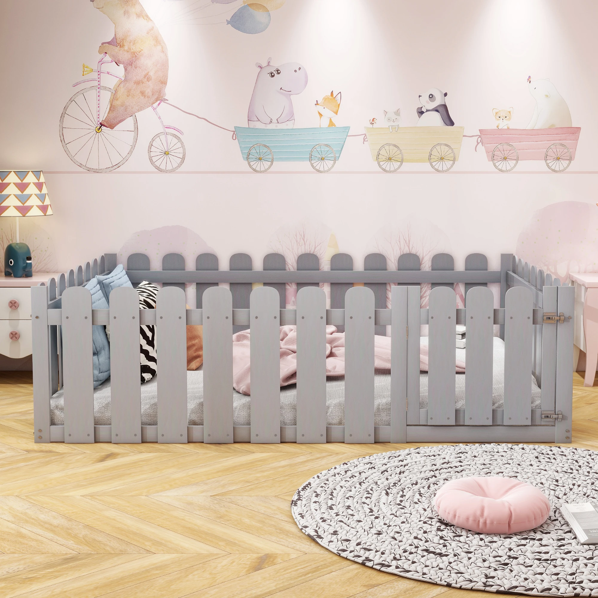 Wooden Bed Frame with Safety Fence and Door – 140 x 200 cm, Grey, Versatile for Kids' Play Area