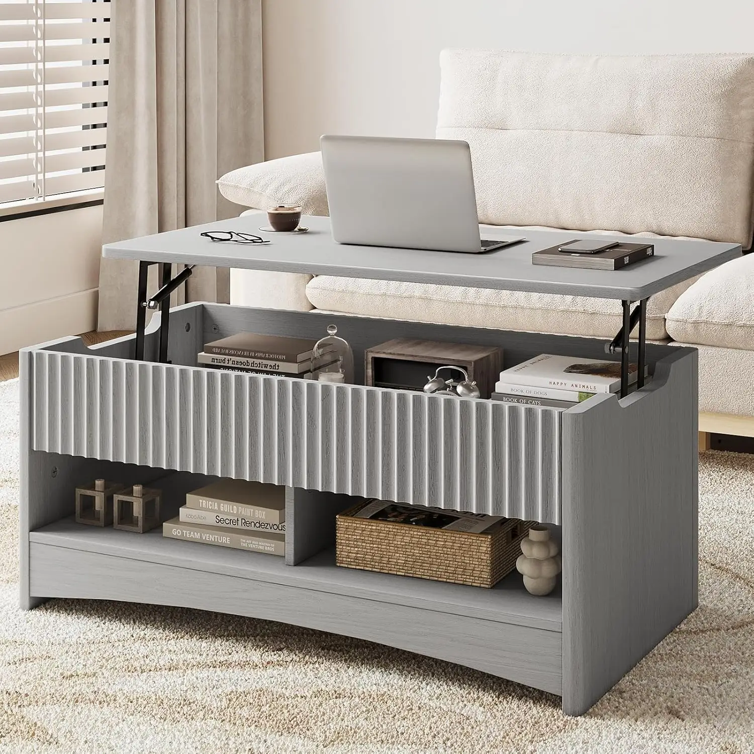 

Lift Top Fluted Coffee Table with Drawers & Hidden Compartment for Living Room Small Spaces Grey, Customized