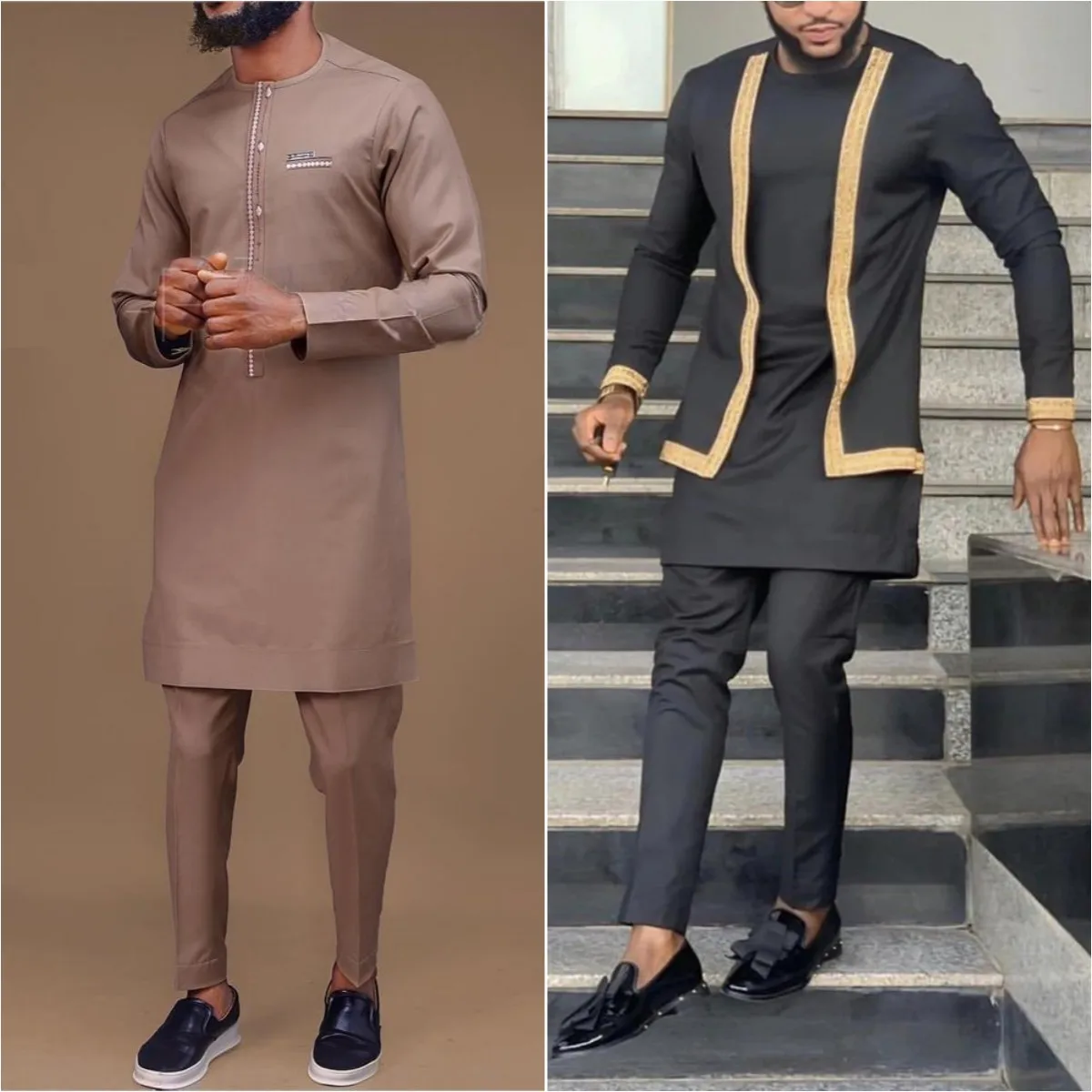 African Men Clothing 2 Pcs Set Printed Long-sleeved Top T-shirt Trousers Pants Man Suit Ethnic Style Casual Business Outfits