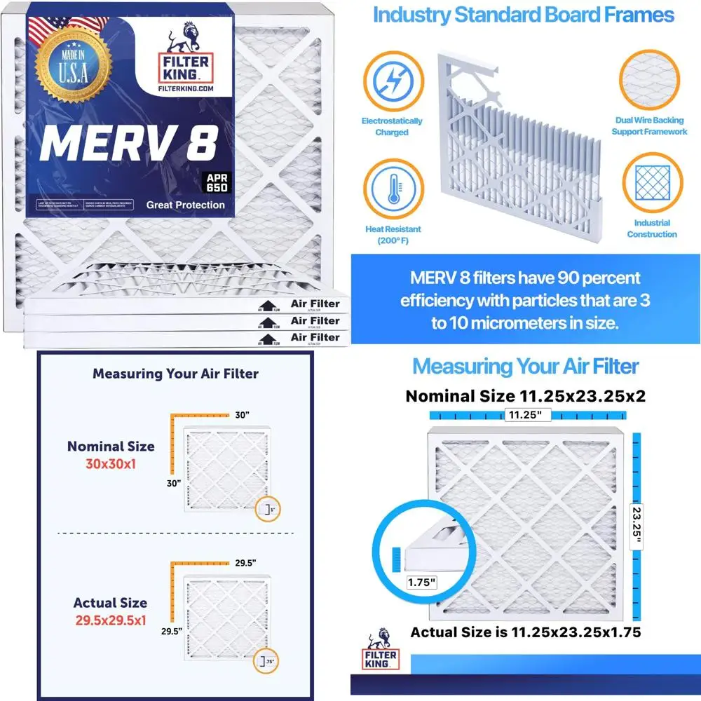 

HVAC Pleated Air Filters 11.25x23.25x2 MERV 8 6-Pack A/C Furnace Filters Made in USA Actual Size 11.25 x 23.25