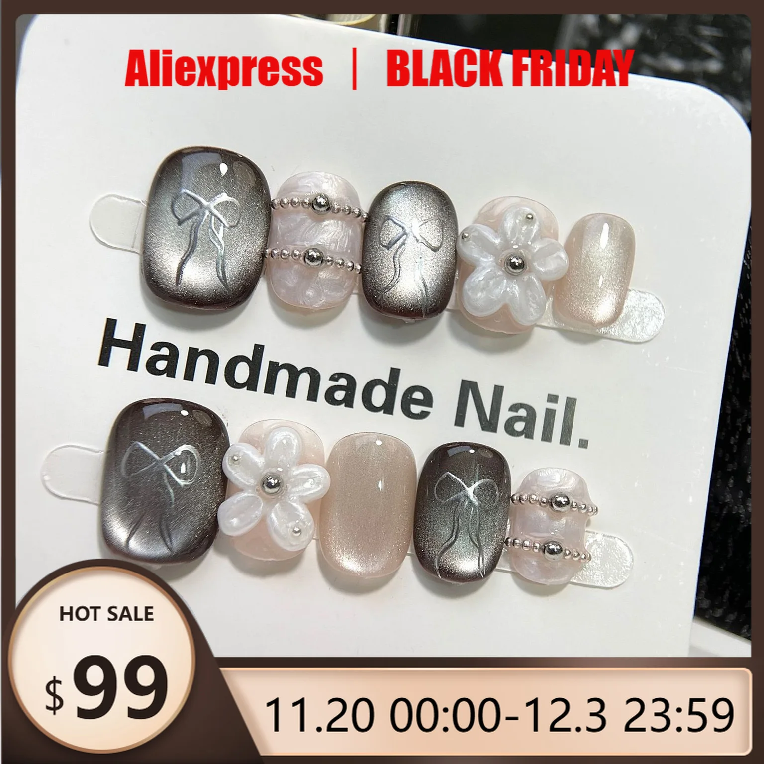 

10pcs Handmade Press on Nails Rhinestone Glitter Bow with Floral Full Coverage Nail Tips for Women&Girl Removable Wearable Nail