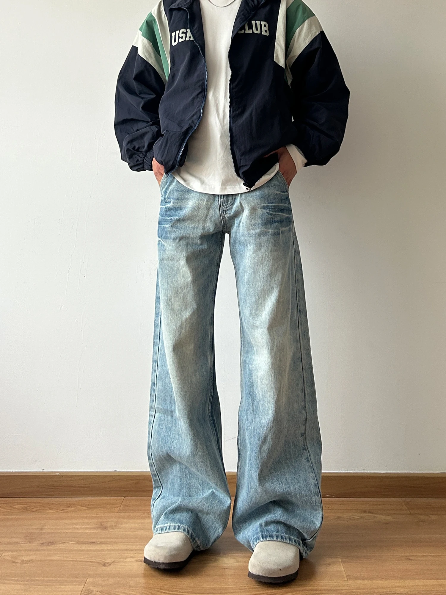 

Retro American Waed Light Blue Men's Jeans Loose Straight Slimming Pants Fla Cra Design Casual Trendy Denim