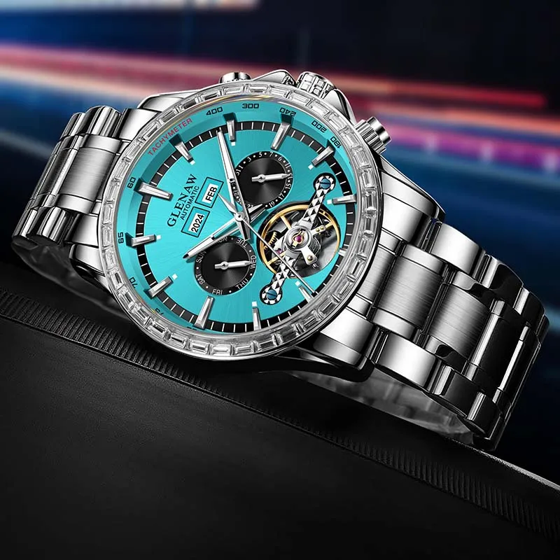 

GLENAW Design NEW Year Month Sunday Multi-functional Mechanical Watch Diamond Circle Stainless Steel Waterproof Luminous Watches