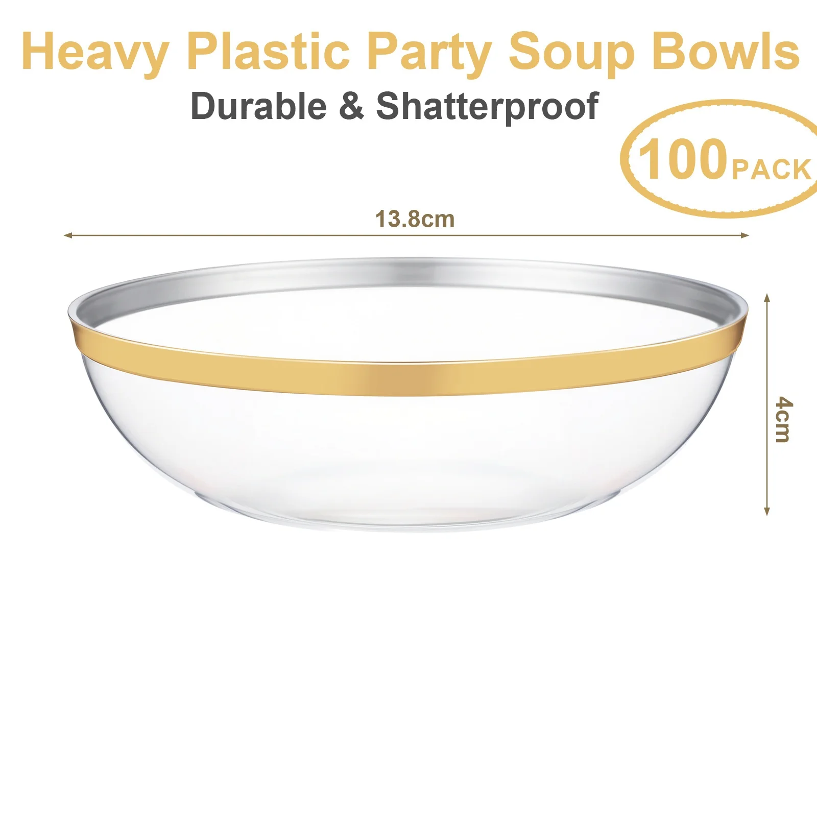 

100pcs Bowls 14oz Disposable Heavy Duty Rim Soup Bowls for Weddings Parties Dinners, (Clear Golden Edge)