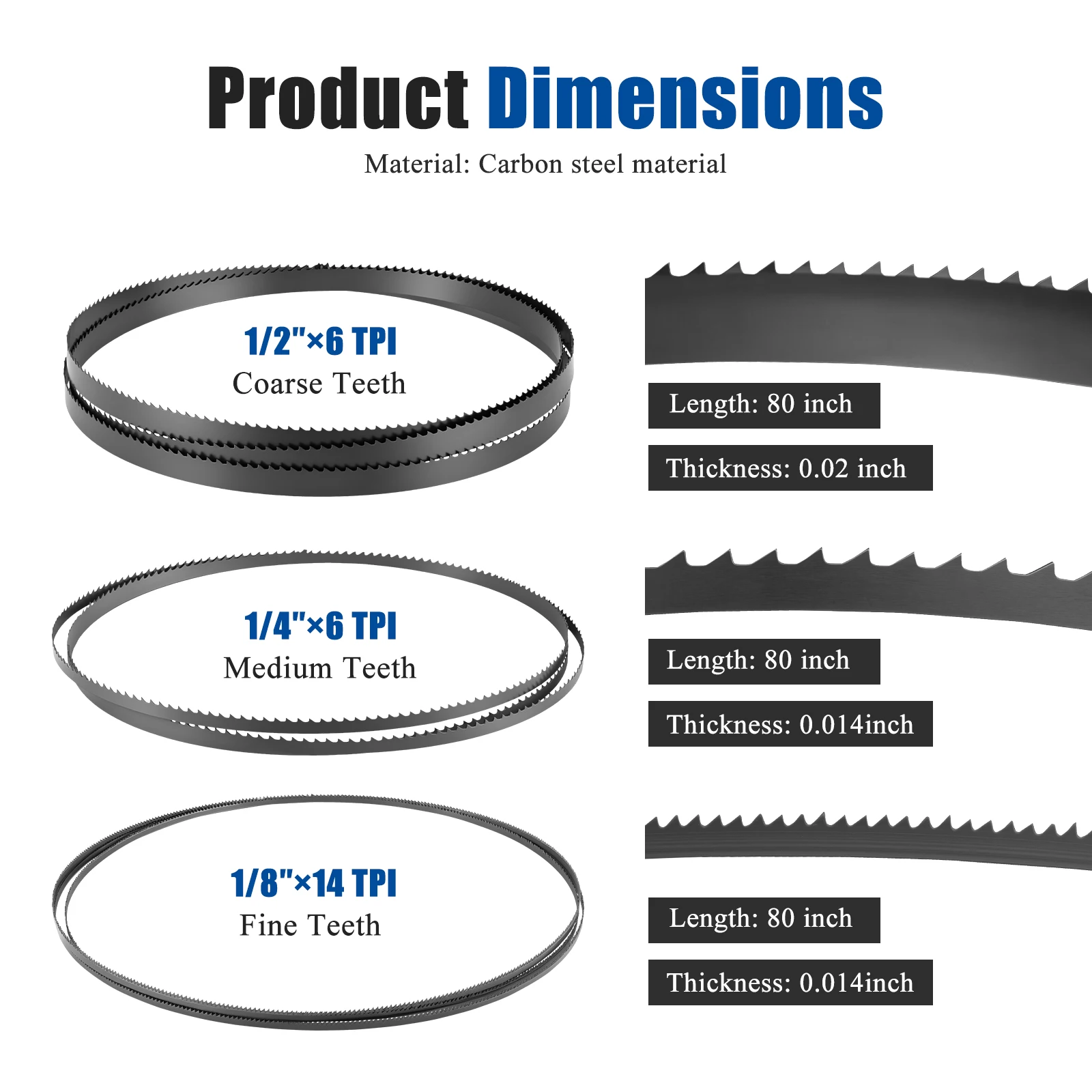 3Pcs 80 Inch Band Saw Blades 2032mm Carbon Steel Bandsaw Blade 1/8 1/4 1/2 Inch 6 14 TPI for 12 Inch Bandsaw Wood Plastic Metal