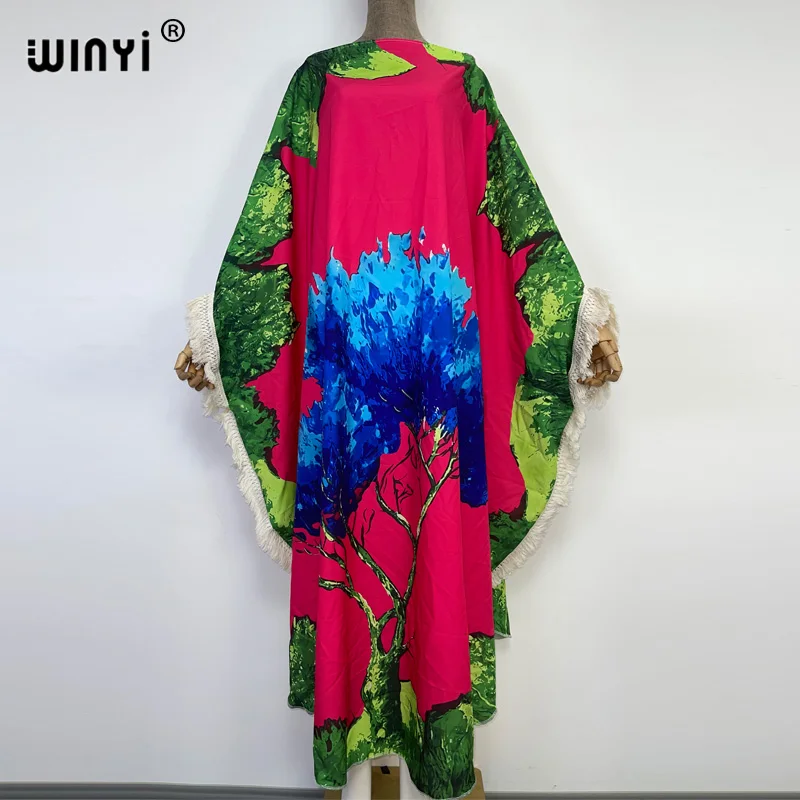 

2022 WINYI beach boho dress pink Print Bohemia Loose Elegant Muslim Beachwear Robe Round Bathing Suit Cover Up Summer kaftan