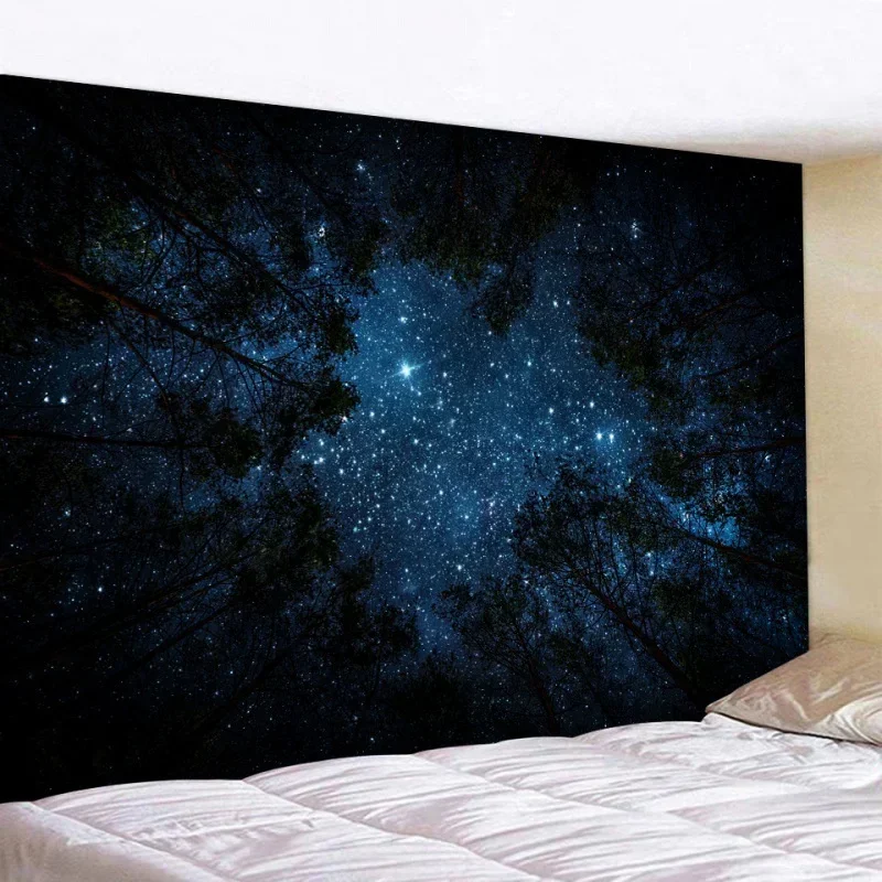 Forest Starry Sky Tapestry Moonlight Night Psychedelic Bohemian Decoration Wall Hanging Home Room Art Background Decoration