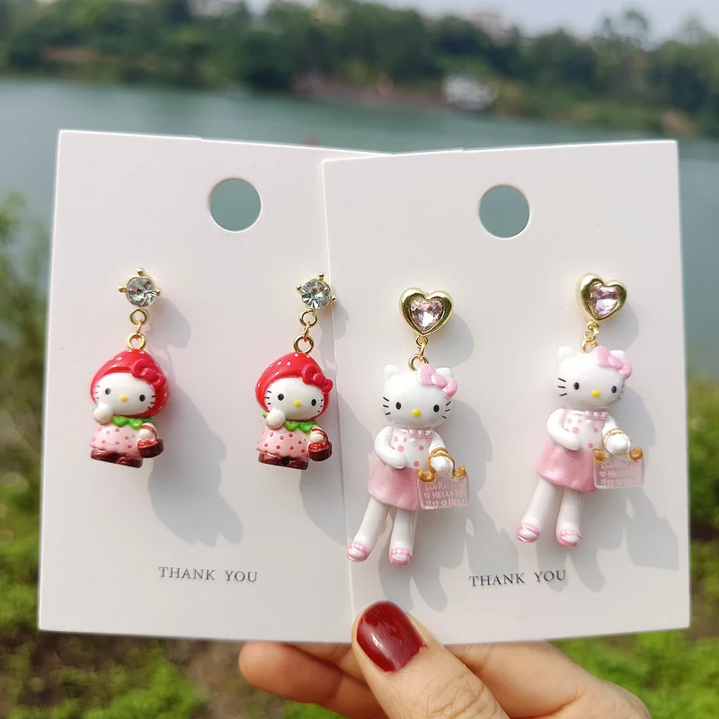 1Pair Sanrio Strawberry Hello Kitty Resin Earrings Cute Cat Girl DIY Fashion Earrings Earrings Lovers Birthday Gifts