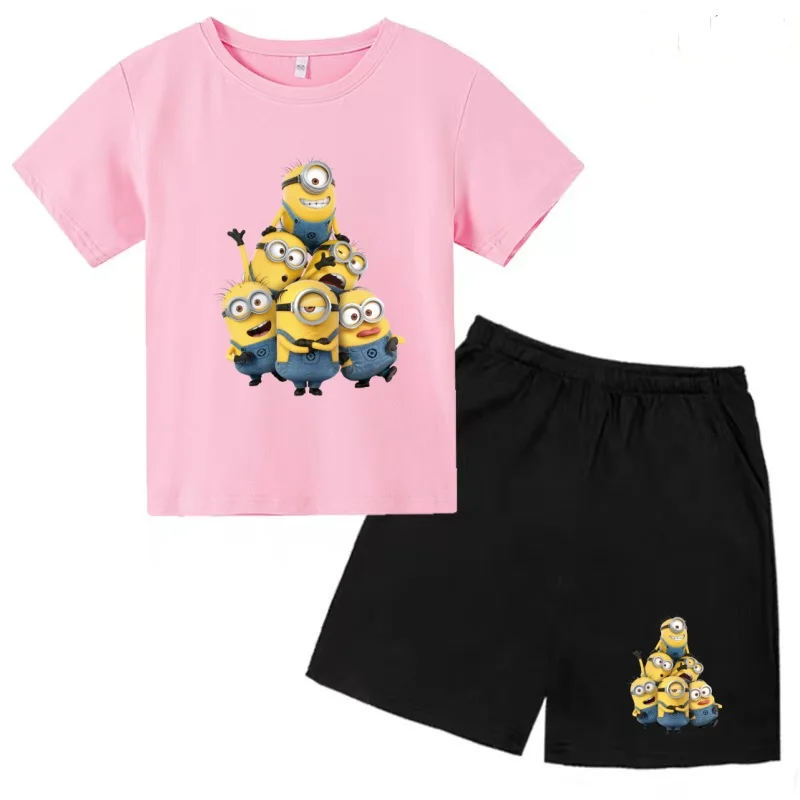 

Kids Summer Fashion T-shirt Charming Cute Funny Minions 3-12Yrs Boys Girls Short-sleeved+Shorts Two-piece Set Casual Sports Set