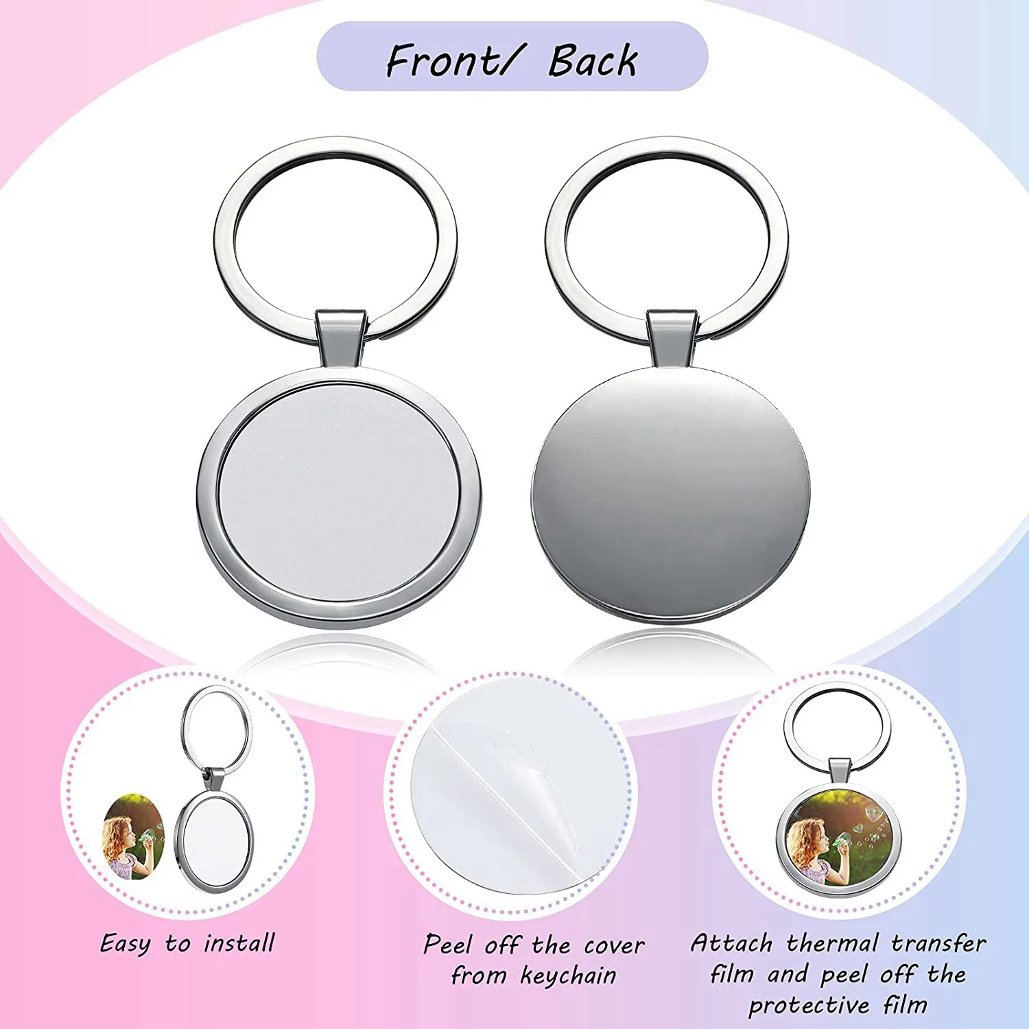 9 Pcs Sublimation Blank Keychain Round Heat Transfer Keychain Metal Board Key Rings Thick Sublimation Photo Keychain