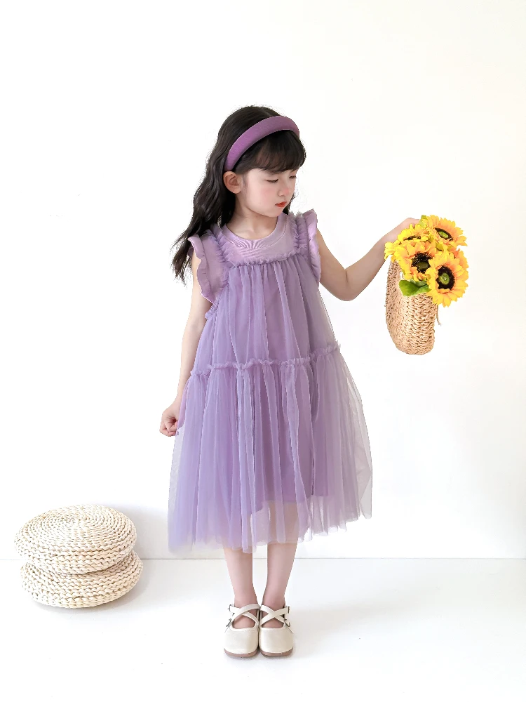 

Новинка 2025 года, корейская фиолетовая тюлевая юбка для девочек, комплект из 2 предметов, хлопковая трикотажная милая модная юбка для детей