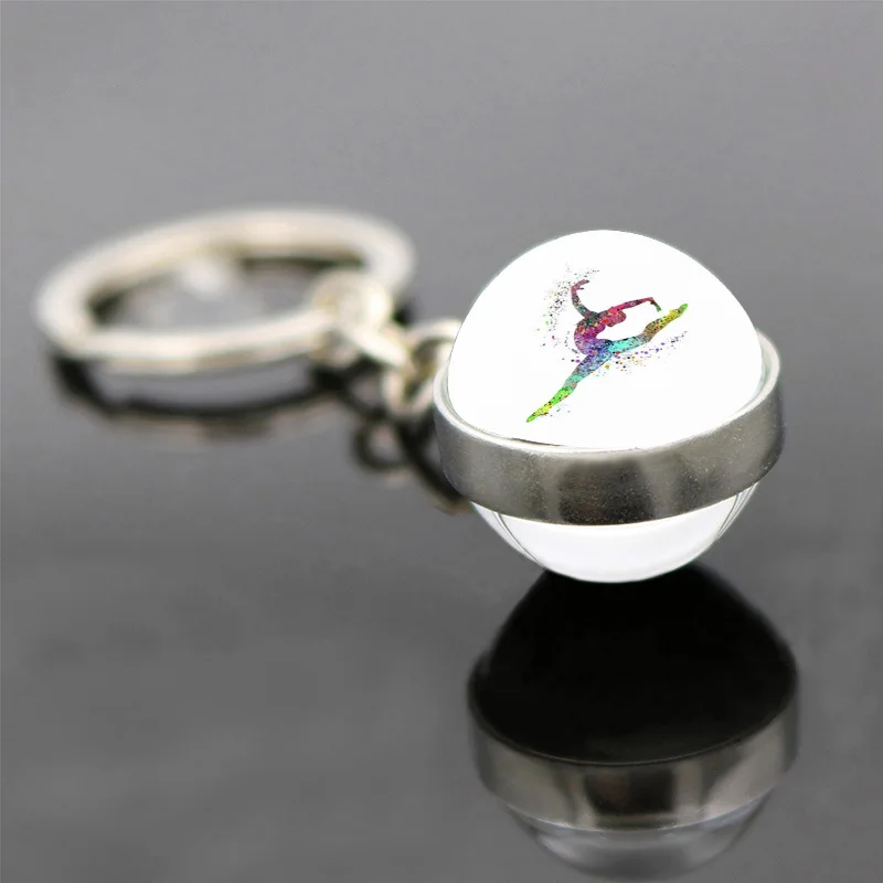 Artistic Gymnastics Keychain Double Sided Time Stone Glass Ball Pendant Car Bag Keyring Hanging Accessory Charm Jewelry Gifts