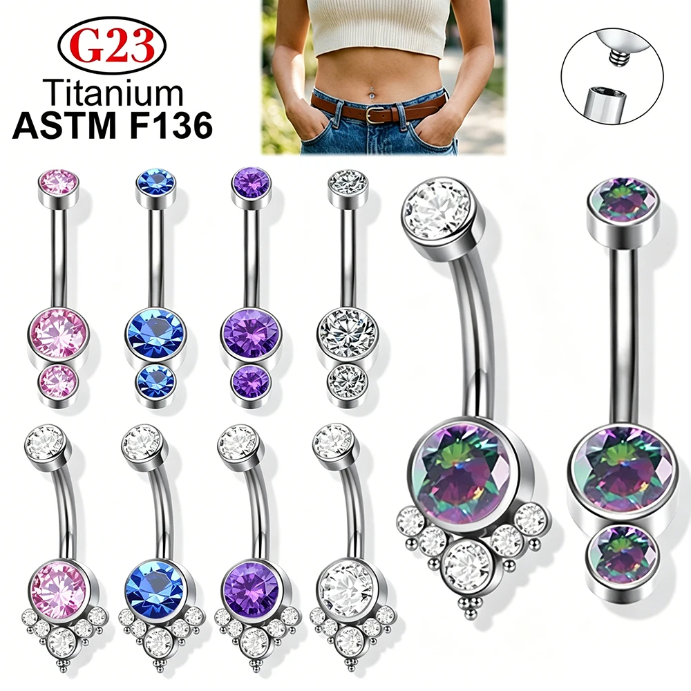 Fashion G23 Titanium Banana Bend Belly Button Rings 14G Round Zircon Sexy Navel Piercing Ring Crystal Men Women Body Jewelry