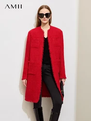 AMII Minimalist Winter Small Fragrant Woolen Coat for Women 2023 Midi Loose Tweed Blends Outerwear New Trendy Crewneck 12344256