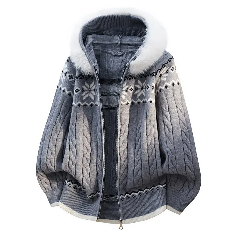

New Fashion Men Hooded Cardigans with Fur Collar Sweatercoats Male Casual Knitwear Cardigans Autumn Outwear Loose Sweaters 4XL