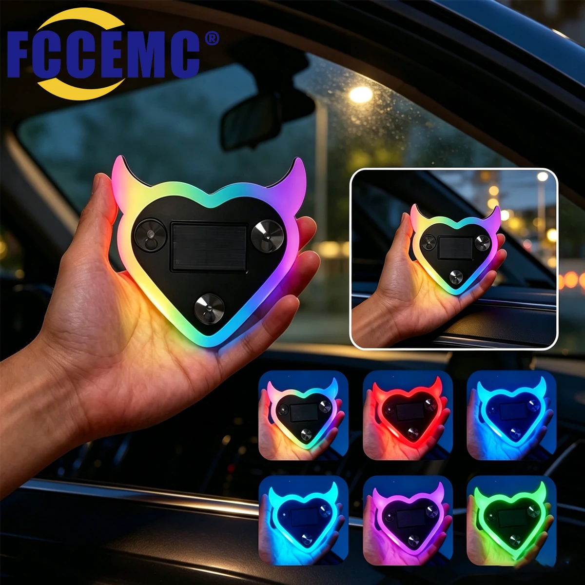 Devil Heart Shape Car LED Ambient Light Solar Powered USB Charging RGB Neon Mood Lamp Interior Decoration for Car Windows