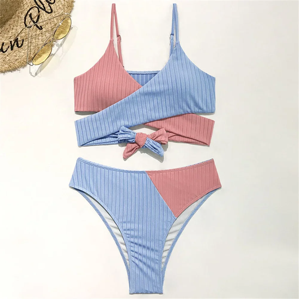 

High Waist Swimsuit Push Up Cross Bandage Bikini Micro Sling Swimwear Ribbed Patchwork Women Beach Outfits Bathing Suit Biquinis