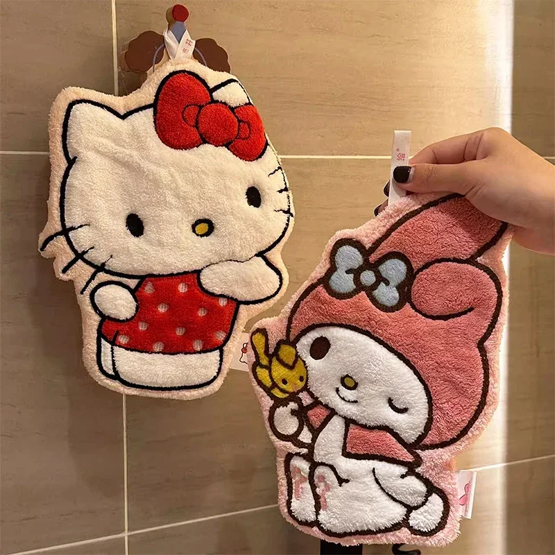 Hello Kitty Cute Cartoon Hand Towel Double Layer Thick Absorbent Coral Fleece Hanging Towel for Home and Travel