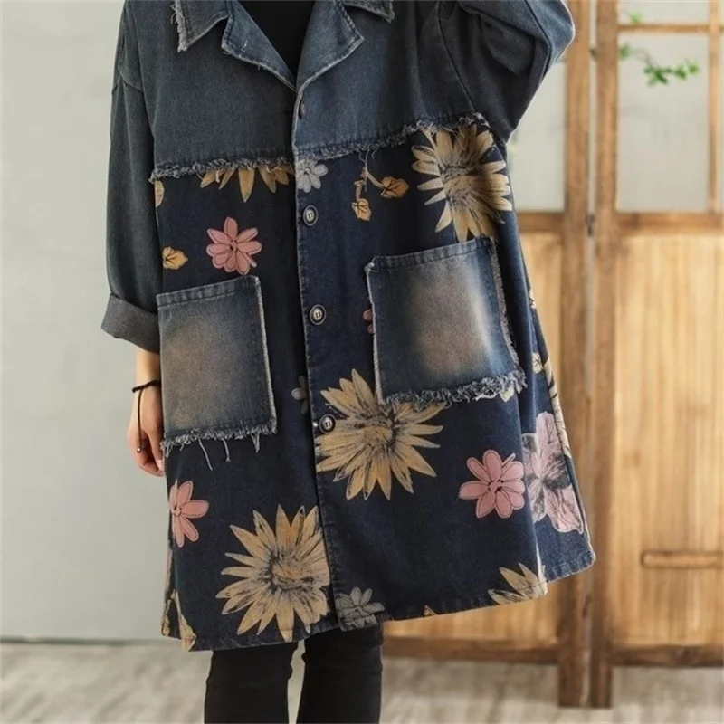 Denim Jacket Coat Women 2026 Spring Autumn New Print Spliced Top Korean Version Lapel Medium To Long Denim Windbreaker Outerwear