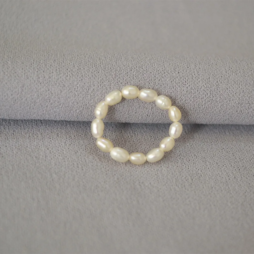 Classic Fresh Fashion Elegant Simple Freshwater Rice Pearl Elastic Index Finger Ring Delicate Versatile for Women Temperament