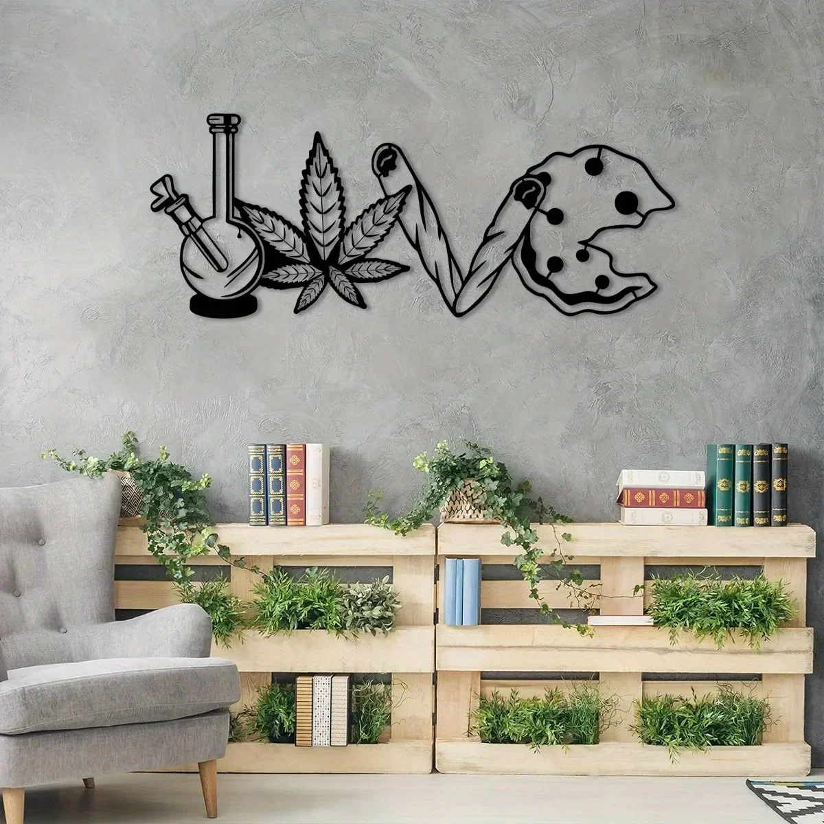 1 Piece of Classic Style Metal Wall Decor - Unique Weed Leaf Design, Heart Symbol - Modern Fashion Decorative Iron Art, Wall Decoration, Wall Sticker