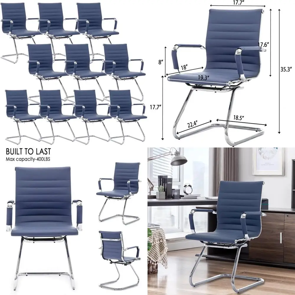 

10-Piece Navy Upholstered Waiting and Conference Room Chairs with Arms, Sled Base, No Wheels