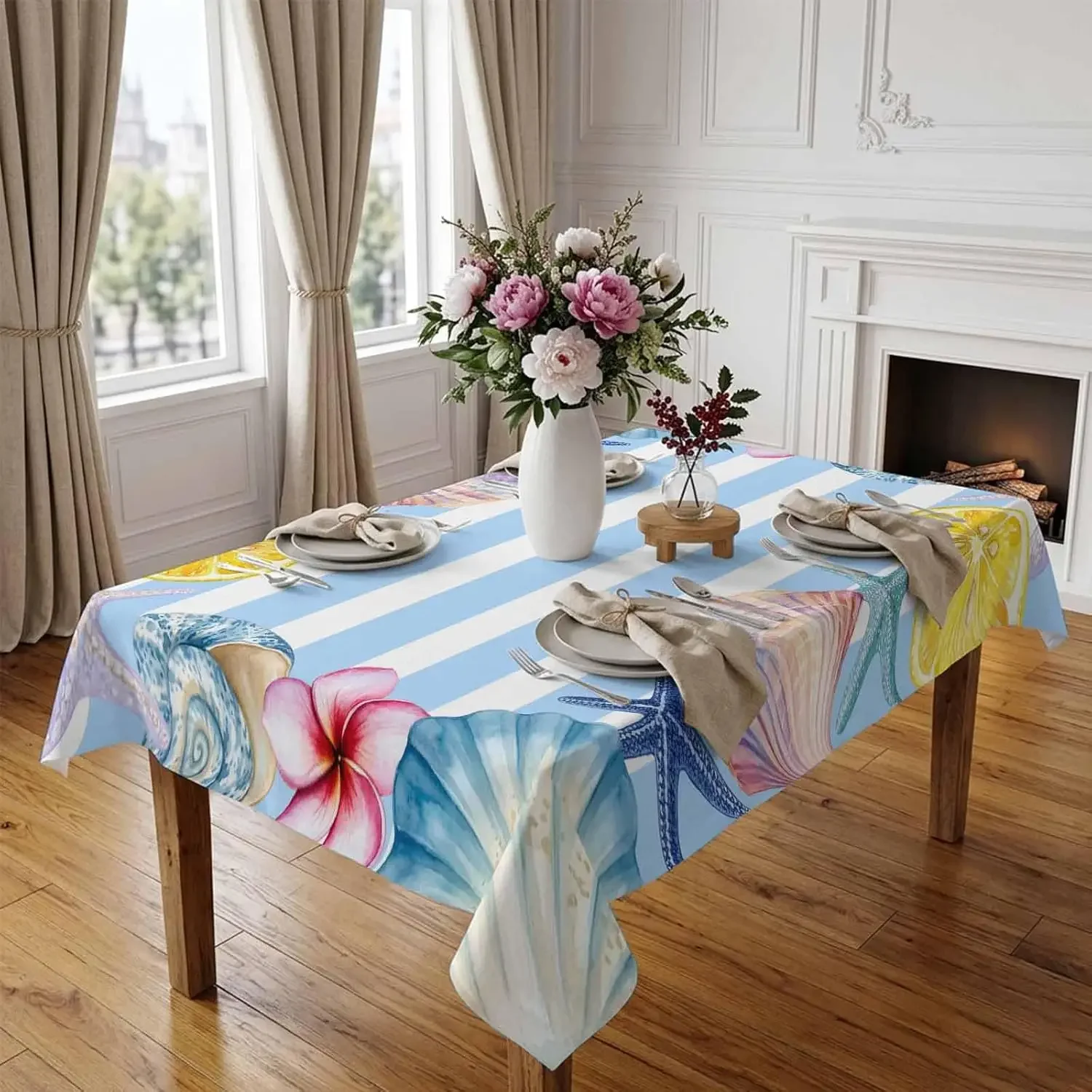 1Pc Ocean Theme Tablecloth Blue White Stripe Shell Starfish Lemon Print Table Cover For Dining Kitchen Party Dustproof Decorati