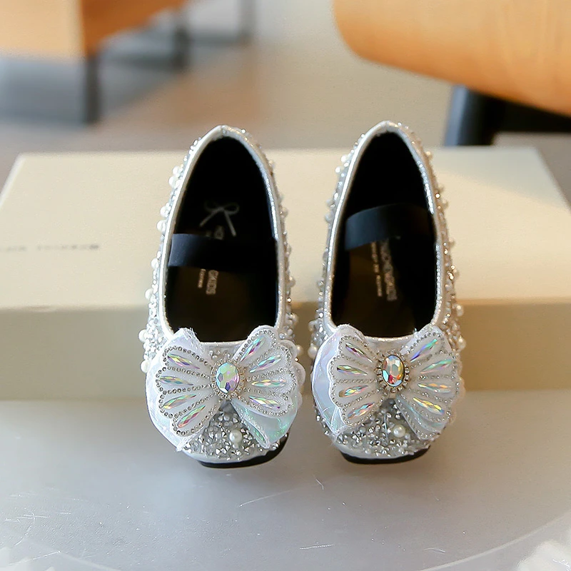 Girls\' Golden Bow Shoes 2024 Autumn New Children\'s Baby Single Shoes Kid\'s Rhinestone Princess Leather Shoes Girls Show Shoes