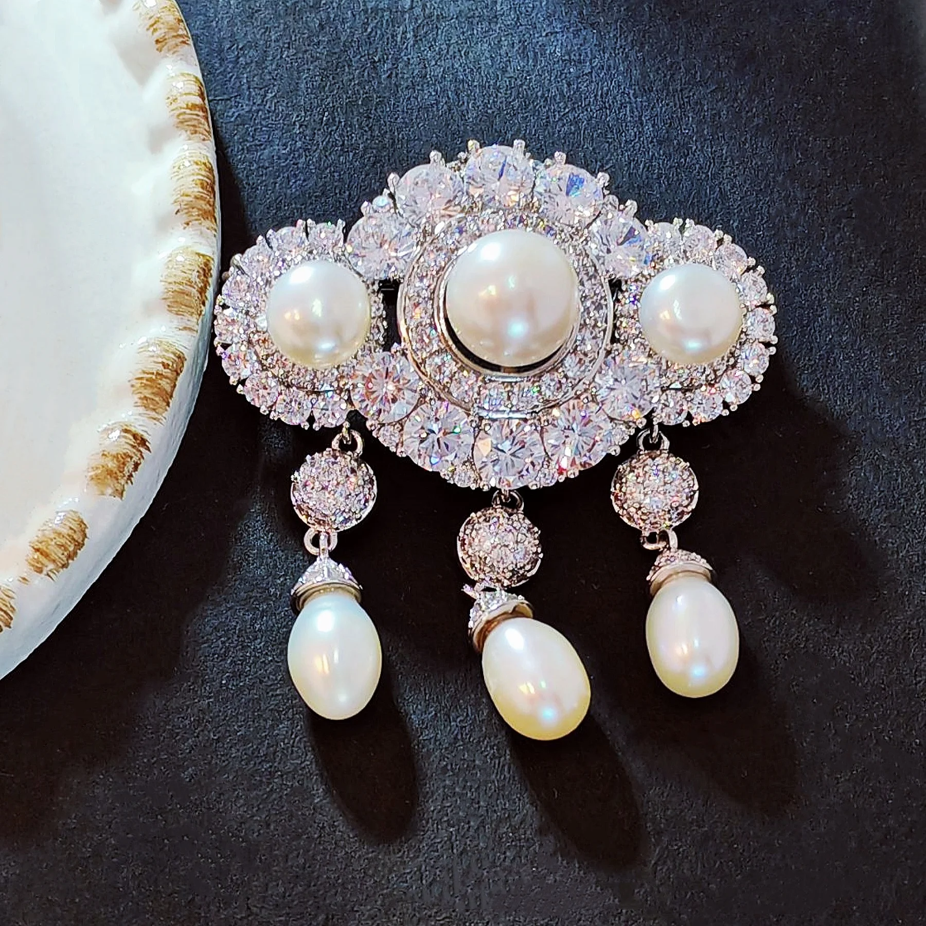 Elegant Silver Tone Micro Pave CZ Trio Pearl Brooch with Triple Teardrop Queen Wedding Jewelry