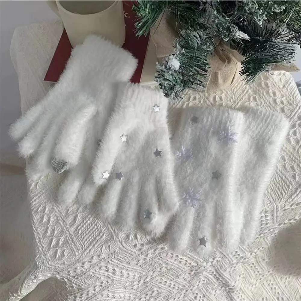 Cute Thickened Knitted Gloves Cold-proof Snowflake Touch Screen Gloves Warm Star Cycling Gloves Winter