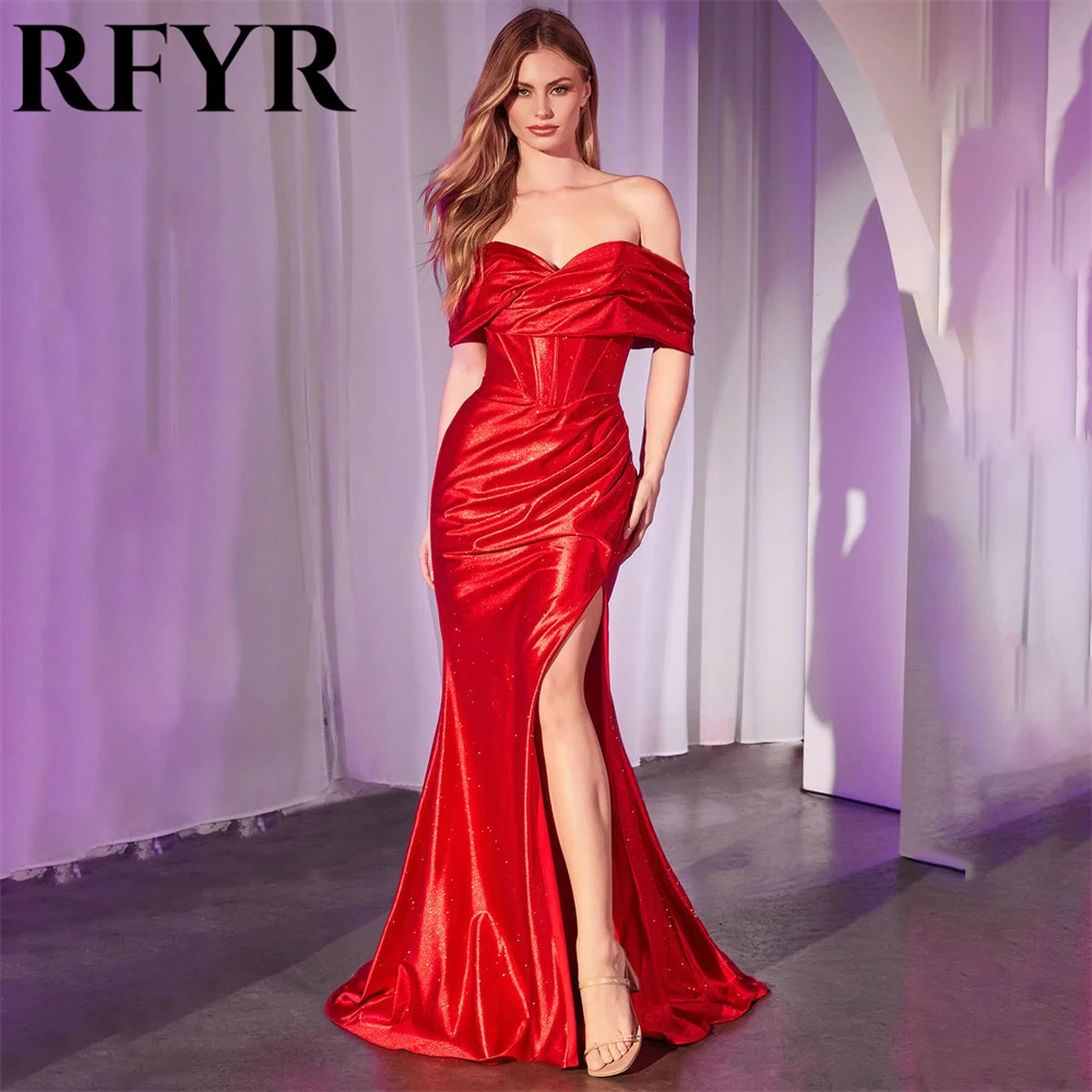 Rfyr vestido de noite vermelho para festa, amor, ombro de fora, pregas, longo, sereia, vestidos de baile, vestido de celebridade personalizado