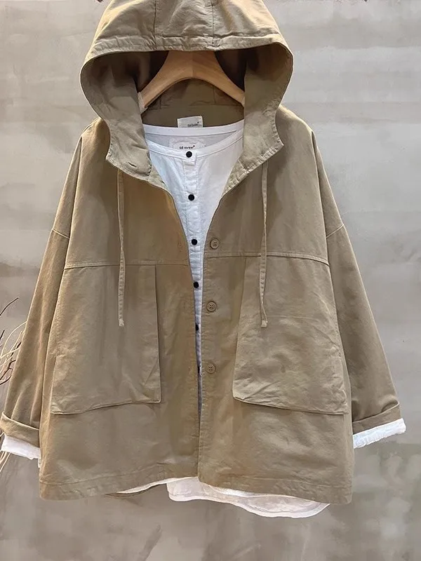 

Korean Sle Loose Casual Women's Hooded Jaet Waed Cotton Pure Color Windbreaker Autumn New Faion Artistic Loose Fit
